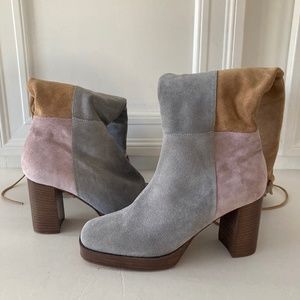 NWOT Free People Echo Platform OTK Suede Pastel Assorted Patchwork Boots Sz 39